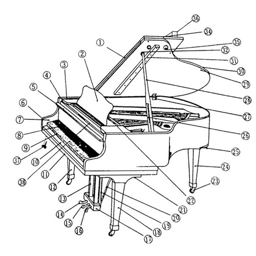 Piano with many internal parts.