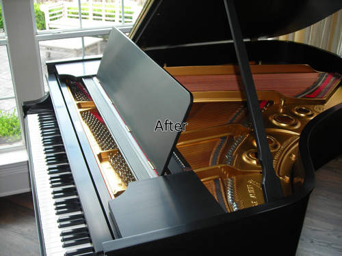 An after photo of the same piano with the finish repaired.